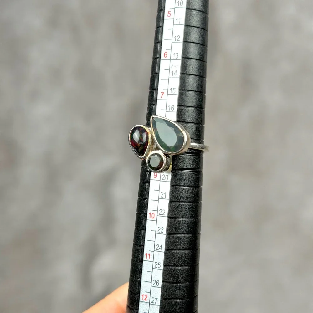 Whimsigoth Ethiopian Black Opal Silver Ring Size 8 Cluster Teardrop Round Oval